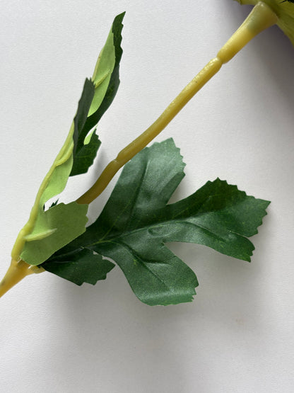 Extreme macro close up shot of the dark green serrated foliage leaves of an artificial purple anemone single stem showing the fine detail of the leaf texture and serrated edges attached to the yellow-green wired stem on a plain light grey background