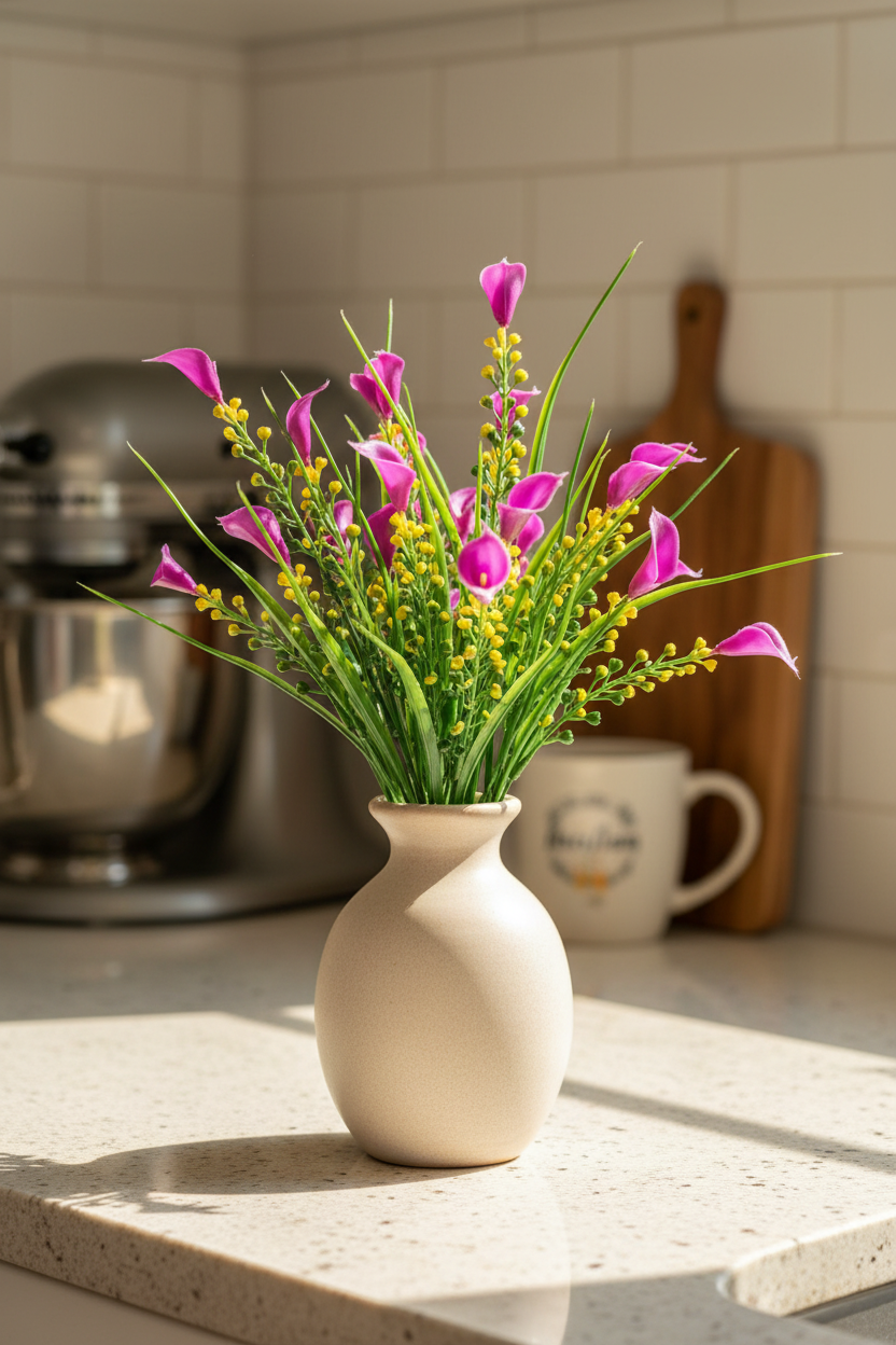 AI lifestyle image of an artificial pink small calla lily foliage bunch displayed upright in a cream ceramic round vase on a bright marble kitchen countertop with a stand mixer, wooden chopping board and mug softly blurred in the background showing the full bunch with bright magenta pink calla lily heads, yellow berry picks and tall green grass stems