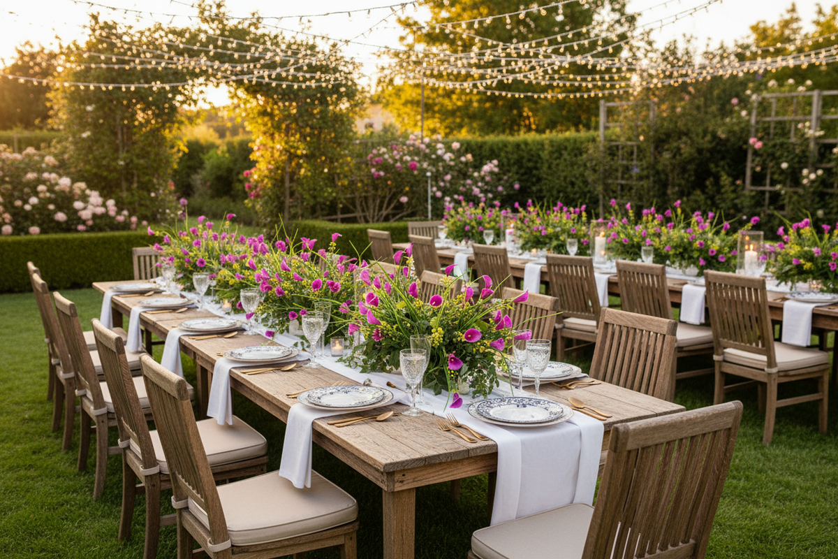 AI lifestyle image of a beautifully dressed outdoor garden wedding banquet with long rustic wooden tables set with white tablecloths, lush floral centrepieces featuring pink calla lily flower heads and green foliage, crystal glassware and white napkins with warm fairy string lights overhead and a glowing golden sunset garden backdrop