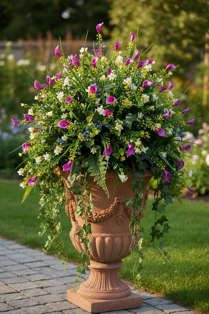 AI lifestyle image of a large ornate terracotta stone pedestal urn overflowing with a lush dense floral arrangement featuring small pink calla lily flower heads, white blooms and trailing green ivy foliage set on a stone pathway with a beautifully blurred lush garden in the background