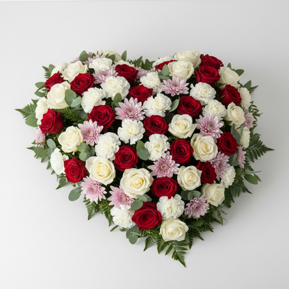 AI lifestyle image of a completed heart shaped funeral floral tribute arrangement built on a green heart oasis wet floral foam frame featuring deep red roses, cream white roses, soft pink chrysanthemums, white carnations and green foliage arranged in a full lush coverage heart shape against a plain light grey background