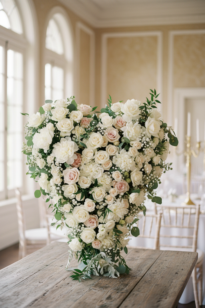 AI lifestyle image of a completed heart shaped wedding floral display arrangement built on a green heart oasis wet floral foam frame featuring lush ivory and blush white roses, cream peonies, delicate gypsophila and trailing eucalyptus green foliage standing upright on a rustic dark wooden table in a bright elegant wedding venue with large arched windows and a softly blurred reception backdrop