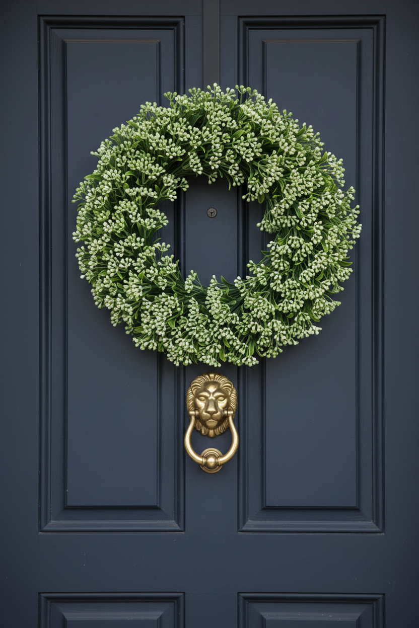 Artificial green berry stems styled in a round door wreath with lush green foliage on a dark navy front door with gold lion door knocker