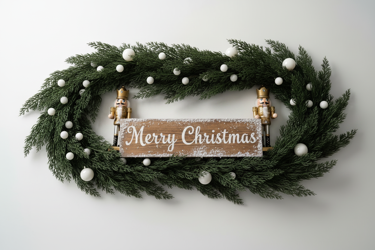 Artificial cypress branch stems styled in an oval Christmas wreath decorated with white pearl baubles and Merry Christmas wooden sign with nutcracker figures