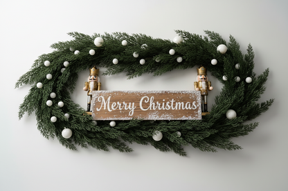 Artificial cypress branch stems styled in an oval Christmas wreath decorated with white pearl baubles and Merry Christmas wooden sign with nutcracker figures