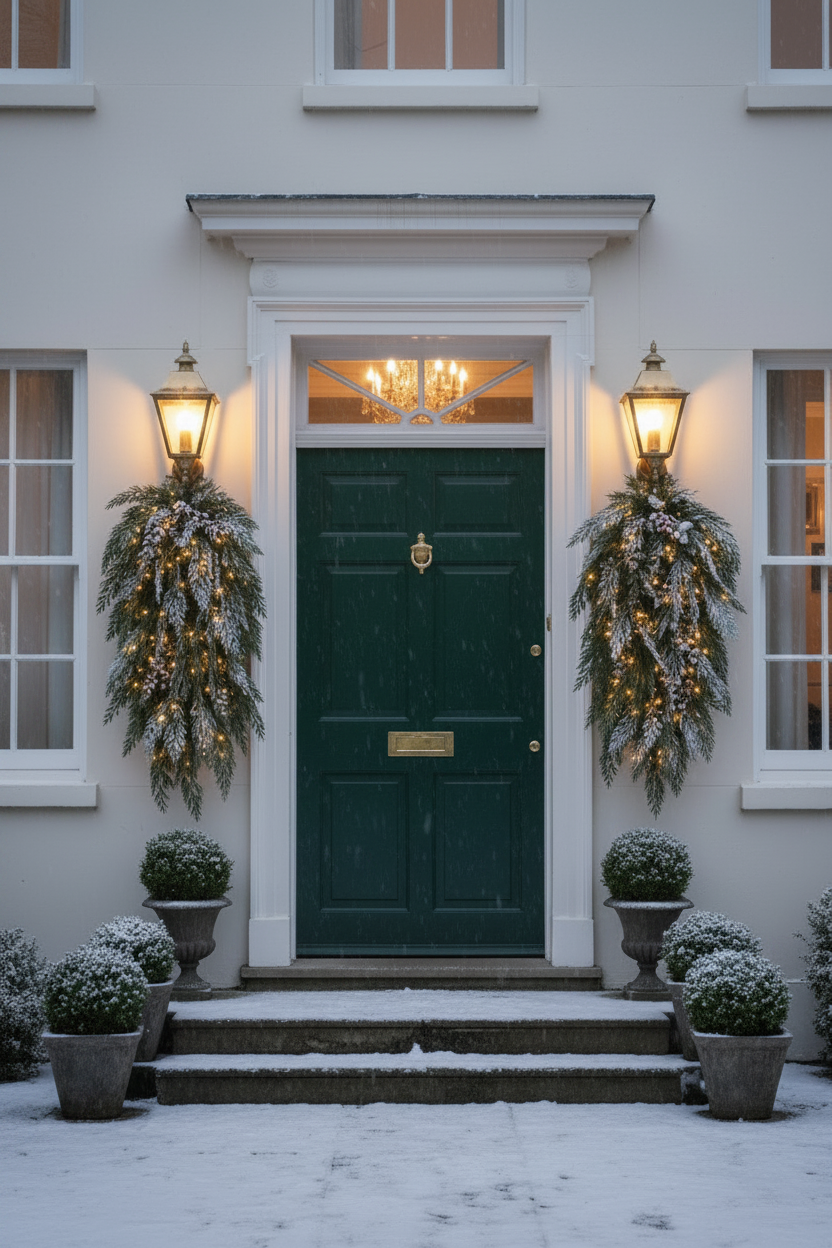 Artificial cypress branch stems styled as festive door garlands flanking a dark green front door of a white house dusted with snow
