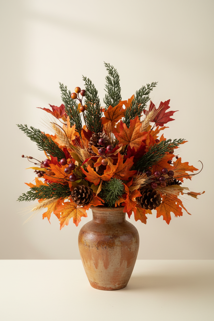 Artificial cypress branch stems styled in an autumn floral arrangement in a rustic brown ceramic vase with orange maple leaves, red berries and pine cones