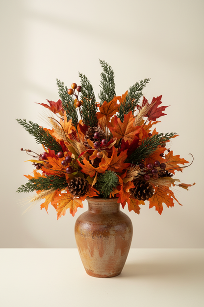 Artificial cypress branch stems styled in an autumn floral arrangement in a rustic brown ceramic vase with orange maple leaves, red berries and pine cones
