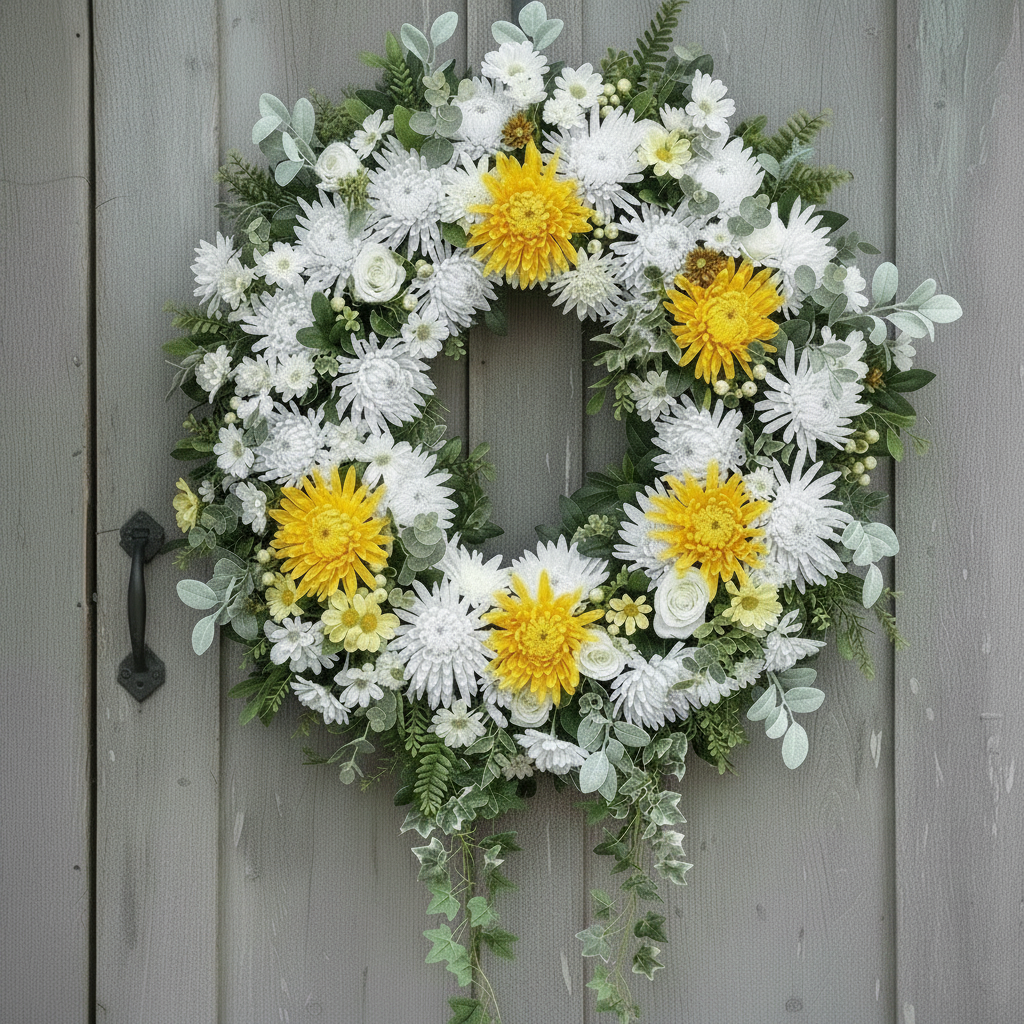 Artificial yellow chrysanthemum single stems styled in a lush circular door wreath with white chrysanthemums, white daisy stems, eucalyptus foliage and green leaves hanging on a grey wooden door with an ornate black door handle