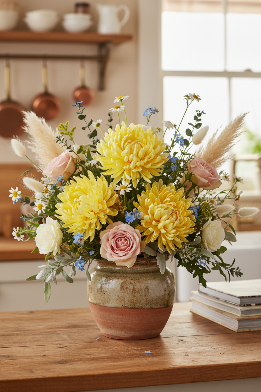 Artificial yellow chrysanthemum single stems styled in a vibrant mixed floral arrangement in a rustic two-toned ceramic pot with pink roses, white daisies, pampas grass and blue wildflowers on a wooden kitchen table with a softly lit window background