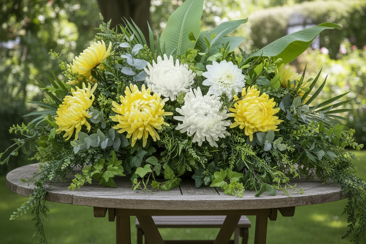 Artificial yellow chrysanthemum single stems styled in a large lush outdoor garden table centrepiece with white chrysanthemums, eucalyptus foliage and tropical green leaves arranged on a round rustic wooden garden table with a blurred green garden background