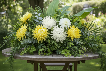 Artificial yellow chrysanthemum single stems styled in a large lush outdoor garden table centrepiece with white chrysanthemums, eucalyptus foliage and tropical green leaves arranged on a round rustic wooden garden table with a blurred green garden background