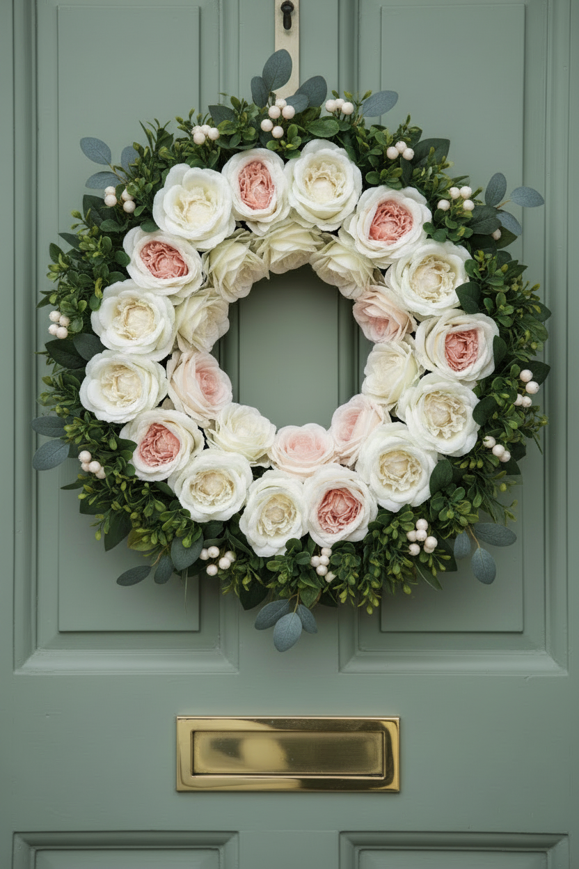 Artificial cream and pink cabbage roses styled in a full round door wreath with white and blush pink roses, green foliage and small white berries on a sage green panelled front door with gold letterbox