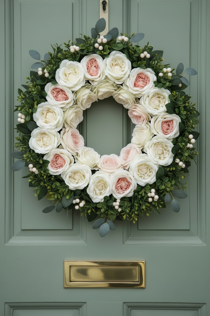 Artificial cream and pink cabbage roses styled in a full round door wreath with white and blush pink roses, green foliage and small white berries on a sage green panelled front door with gold letterbox