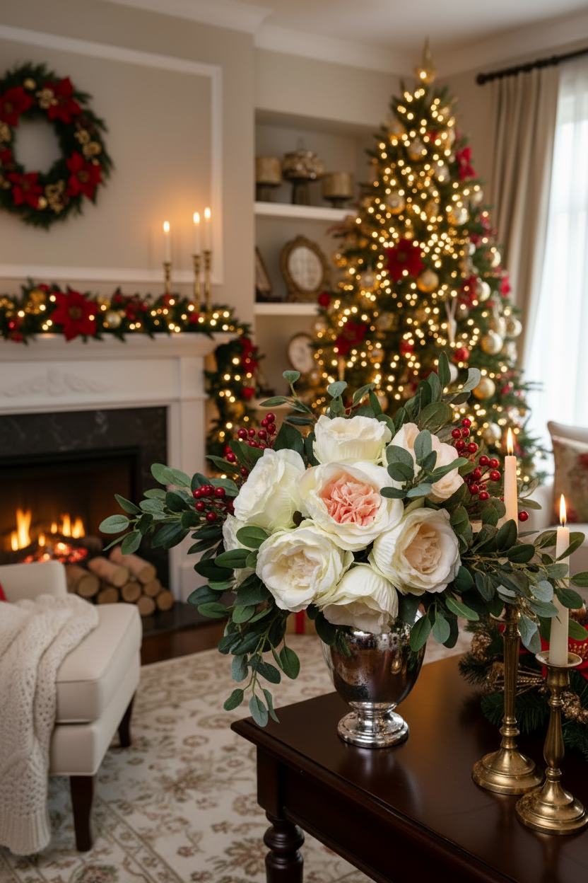 Artificial cream and blush pink cabbage roses styled in a silver urn vase on a dark wood coffee table in a festive living room with a decorated Christmas tree glowing with warm lights and a fireplace with wreath and mantel garland