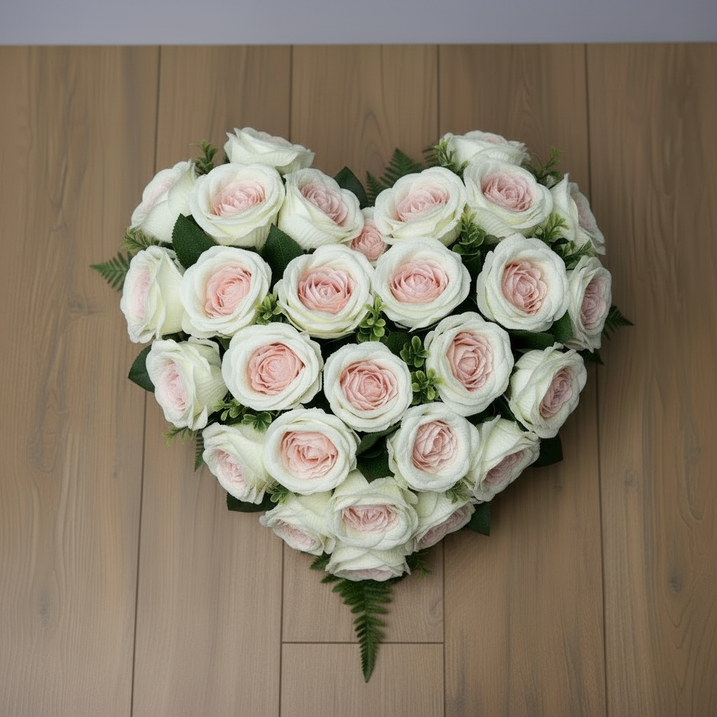 Artificial cream and pink cabbage roses styled in a heart shaped funeral tribute with white and blush pink roses and green fern foliage on a light wood floor