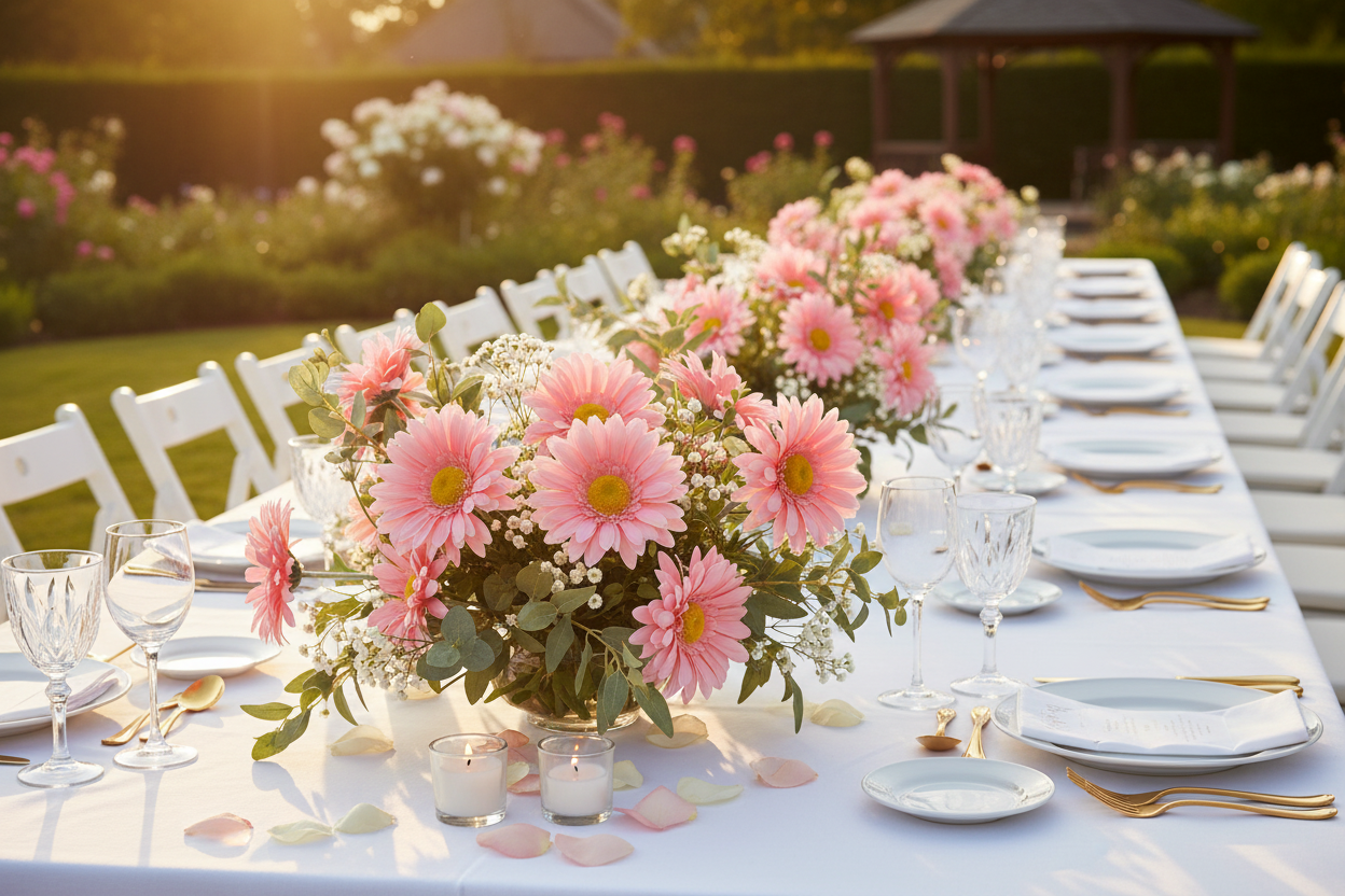 Artificial light pink gerbera daisies styled in a lush outdoor wedding table runner with white gypsophila and green foliage on a long white banquet table with white chairs in a sunlit garden