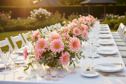 Artificial light pink gerbera daisies styled in a lush outdoor wedding table runner with white gypsophila and green foliage on a long white banquet table with white chairs in a sunlit garden
