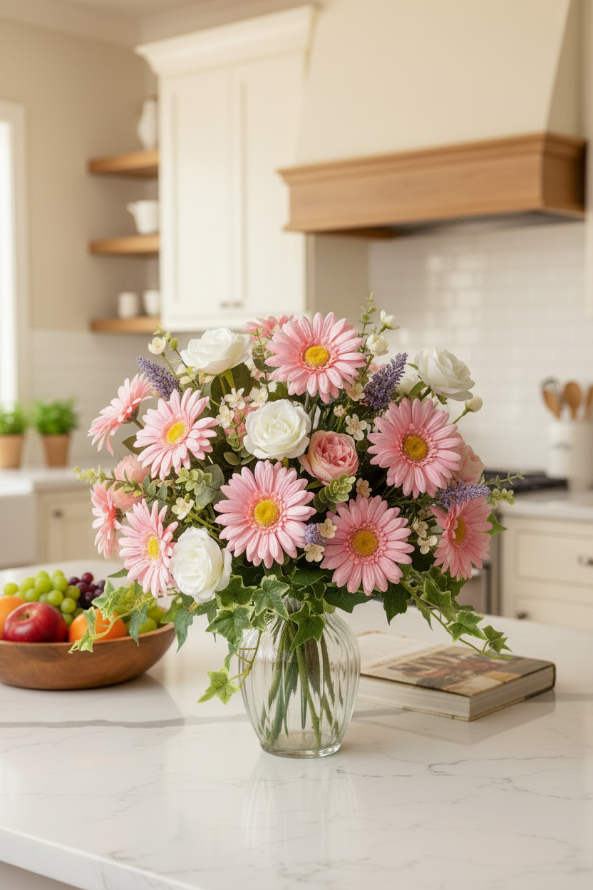 Artificial light pink gerbera daisies styled in a vibrant mixed bouquet with white roses and purple lavender arranged in a clear glass vase on a white marble kitchen countertop