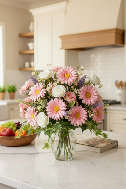 Artificial light pink gerbera daisies styled in a vibrant mixed bouquet with white roses and purple lavender arranged in a clear glass vase on a white marble kitchen countertop