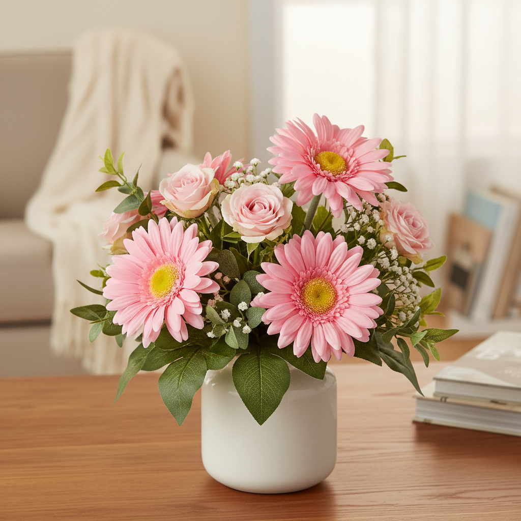 Artificial light pink gerbera daisies styled in a soft mixed floral arrangement with pink roses and white gypsophila in a white ceramic pot on a wooden table in a bright living room