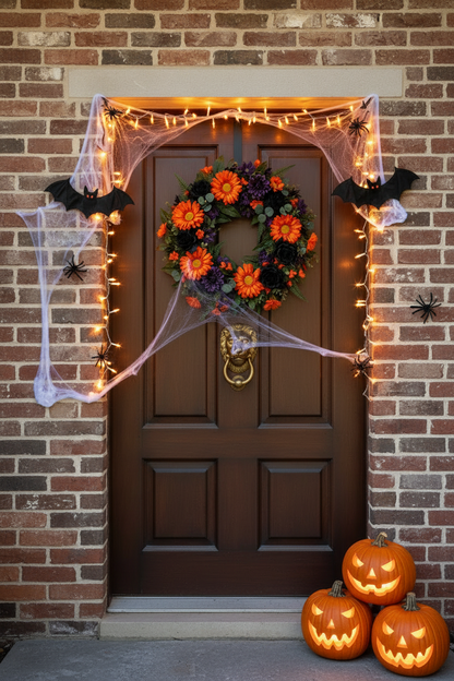 Artificial orange gerbera daisies styled in a Halloween front door wreath with purple flowers, black bat decorations, cobwebs, string lights and carved pumpkins on a brick house doorstep