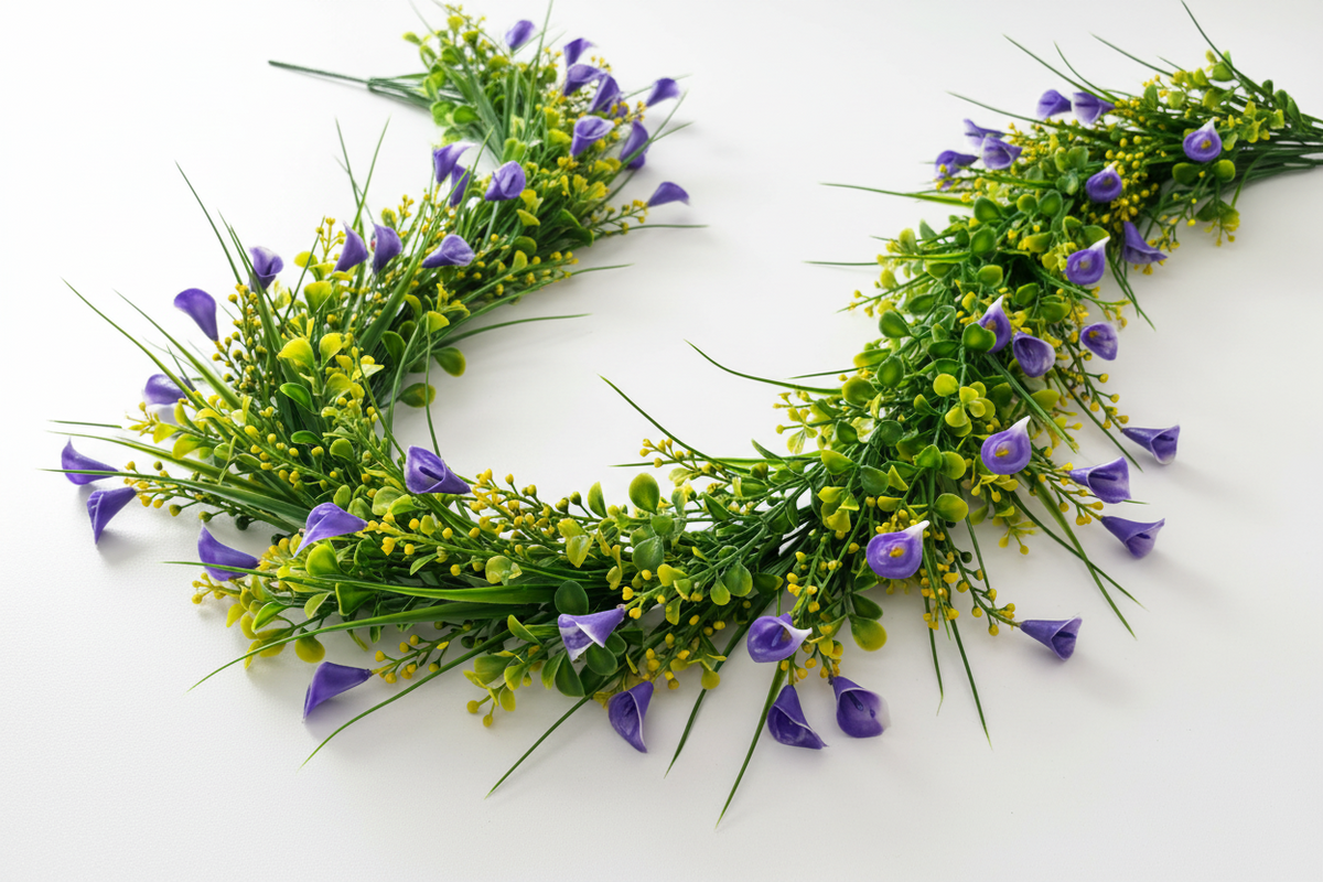 AI lifestyle image of a lush curved floral garland arrangement featuring dense green foliage, clusters of small yellow-green berry buds and small purple calla lily flower heads dotted throughout arranged in a U-shape swag on a plain white background