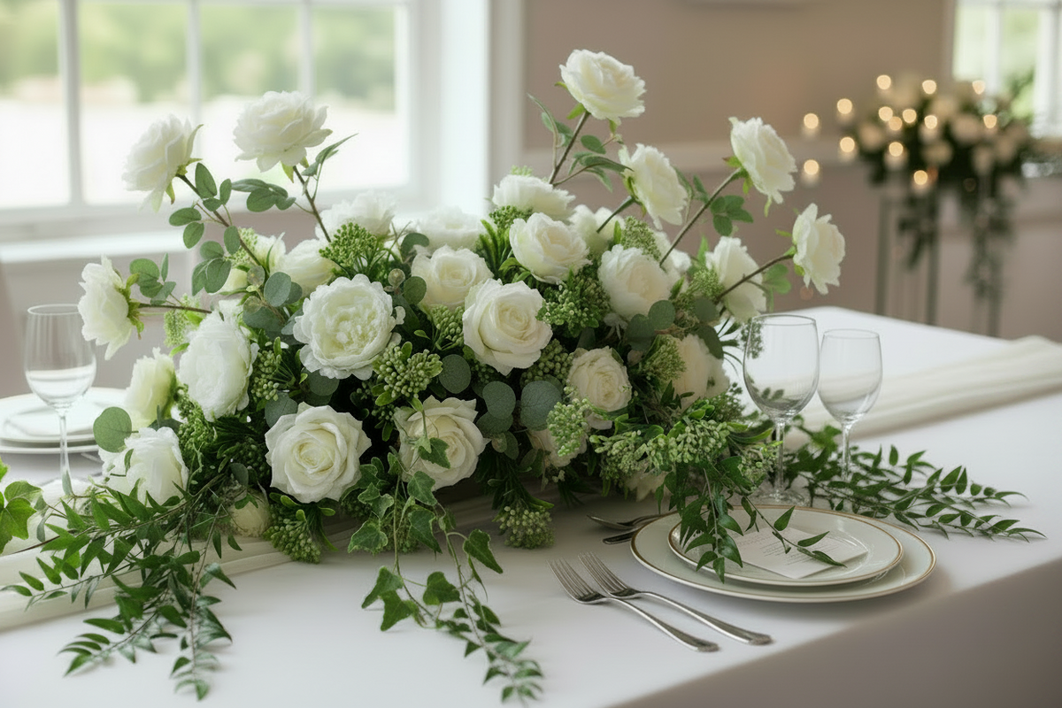 Artificial green berry stems styled in an elegant white rose and greenery wedding table centrepiece arrangement on a white linen dining table