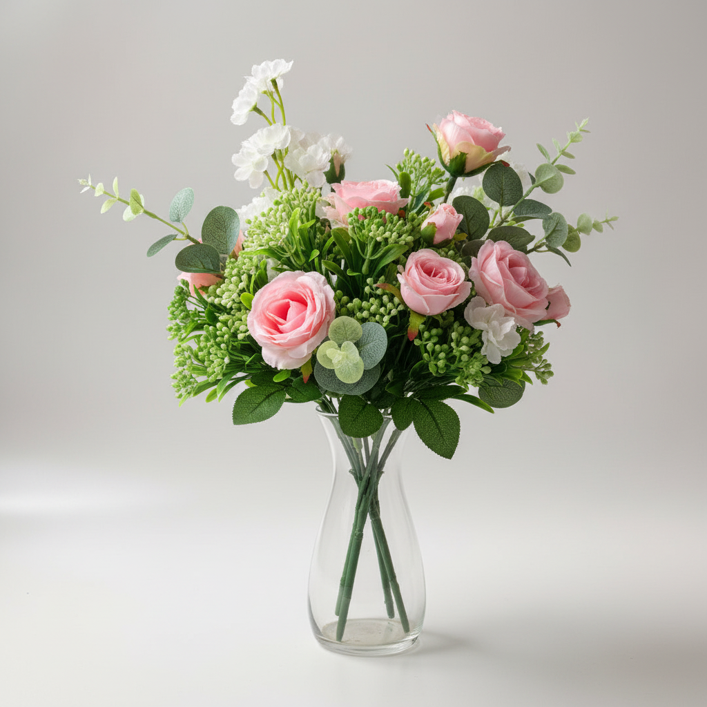 Artificial green berry stems styled in a mixed floral arrangement with pink roses, white blossoms and eucalyptus leaves in a clear glass vase on grey background