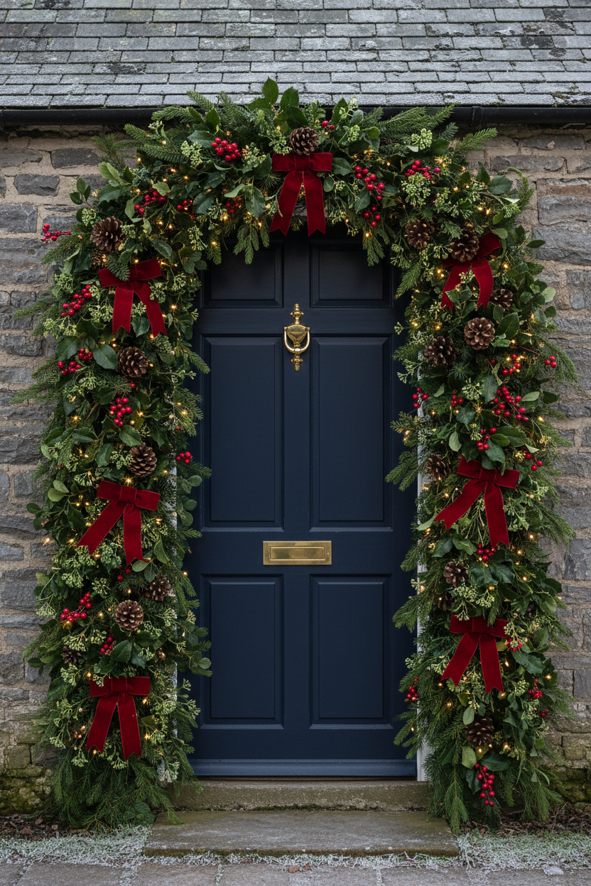 Artificial green berry stems styled in a festive Christmas door arch garland with red ribbons, pine cones and red berries framing a dark navy front door