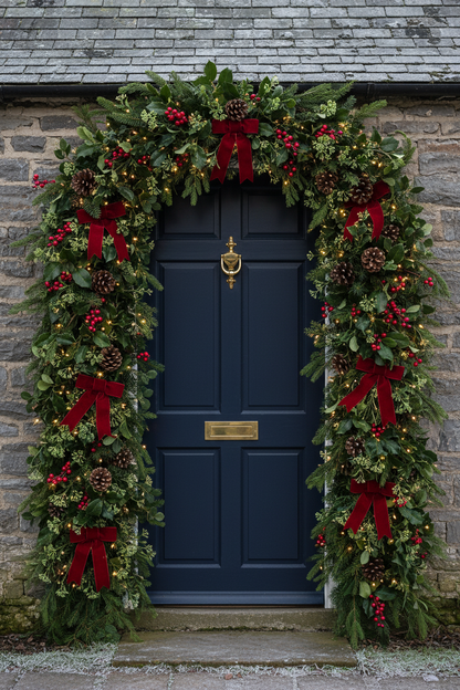 Artificial green berry stems styled in a festive Christmas door arch garland with red ribbons, pine cones and red berries framing a dark navy front door
