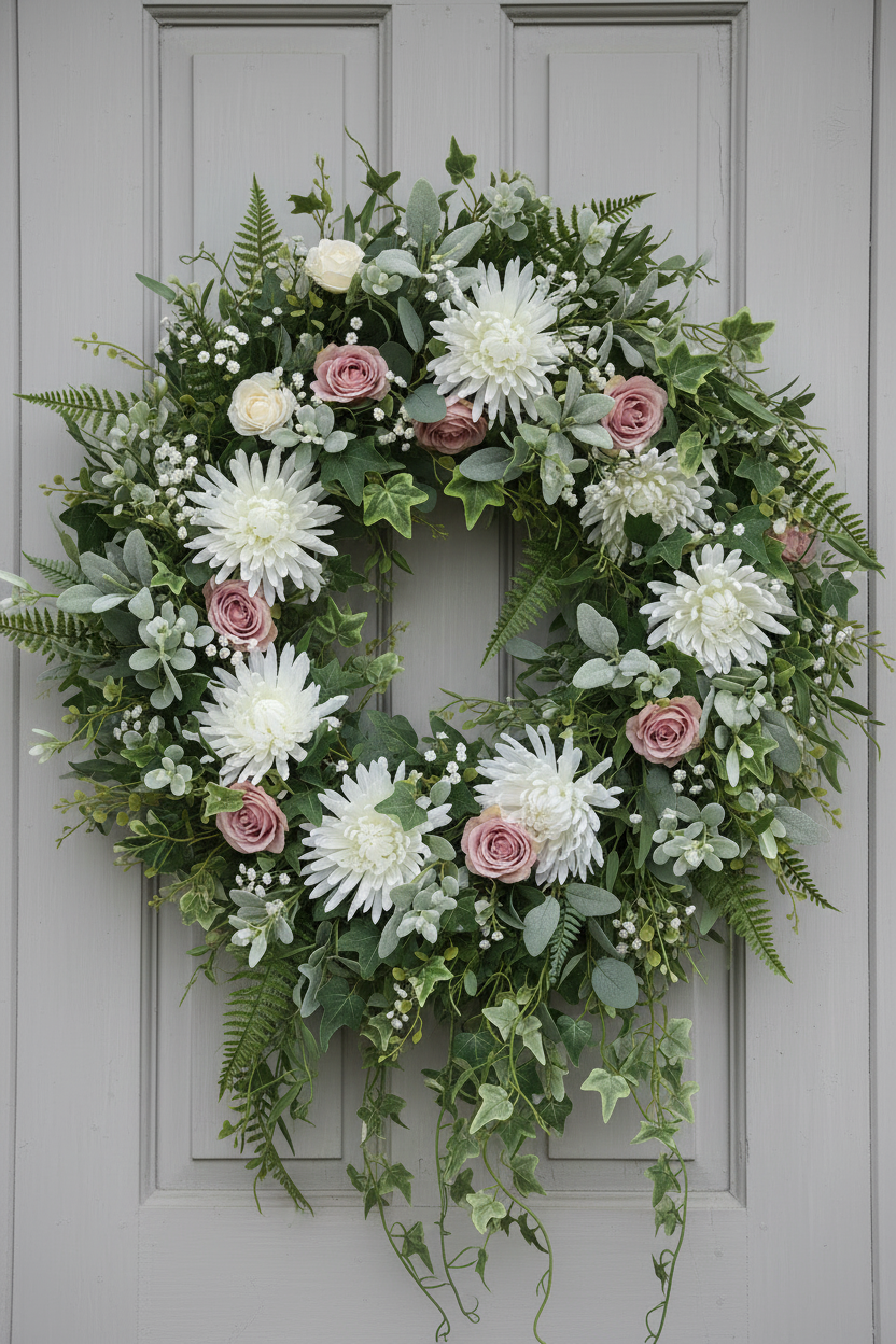 Artificial white chrysanthemum single stems styled in a lush circular door wreath with dusty pink roses, eucalyptus foliage, green ferns and trailing ivy hanging on a grey panelled front door