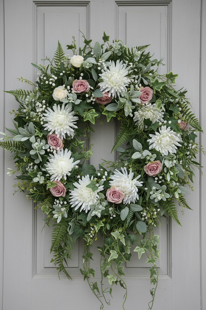 Artificial white chrysanthemum single stems styled in a lush circular door wreath with dusty pink roses, eucalyptus foliage, green ferns and trailing ivy hanging on a grey panelled front door