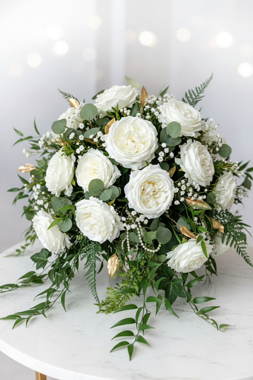 Artificial white silk open roses styled in a lush bridal bouquet with white peonies, gypsophila, green eucalyptus and gold accent buds on a white marble table with soft bokeh background