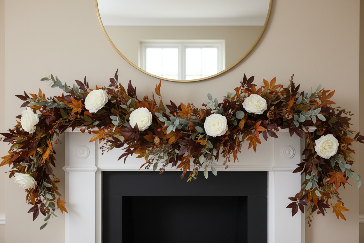 Artificial white silk open roses styled in an autumn mantelpiece garland with rust orange and brown autumn leaves and green eucalyptus draped over a white fireplace mantel with a gold framed mirror above
