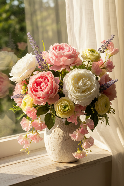 Artificial white silk open roses styled in a large mixed bouquet with pink peonies, yellow ranunculus and soft pink blooms in a cream textured vase on a wooden windowsill with soft sunlight and sheer curtains