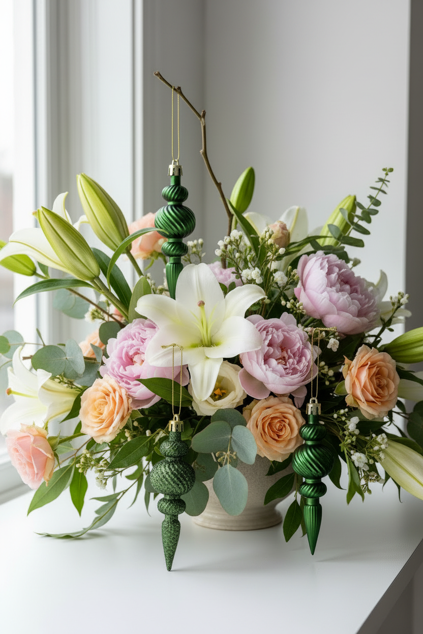 Green Christmas spindle baubles used as decorative accents hanging beside a luxury floral centrepiece arrangement of white lilies, pink peonies, peach roses and green foliage in a cream ceramic vase on a white windowsill