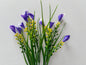 Full spread shot of an artificial purple small calla lily foliage bunch showing five individual wired stems fanning out with small purple calla lily flower heads, tall thin green grass stems and small bright yellow berry pick stems all arranged against a plain light grey background