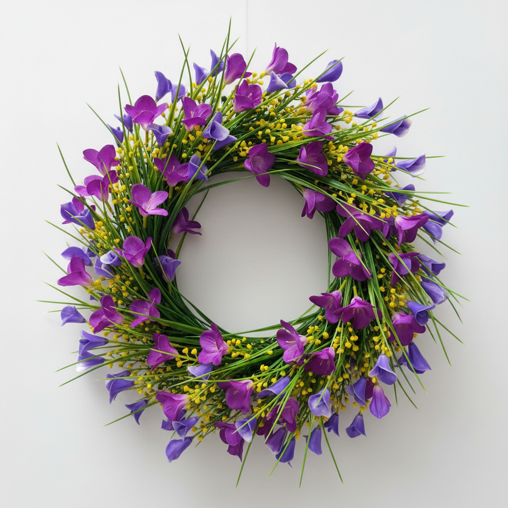 AI lifestyle image of a lush circular floral wreath featuring small purple calla lily flower heads, bright yellow berry pick clusters and green grass stems arranged in a full round wreath shape against a plain light grey background