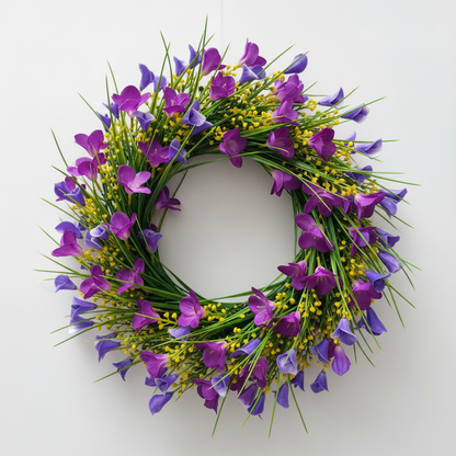 AI lifestyle image of a lush circular floral wreath featuring small purple calla lily flower heads, bright yellow berry pick clusters and green grass stems arranged in a full round wreath shape against a plain light grey background
