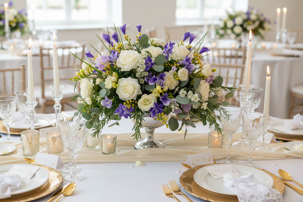 AI lifestyle image of a luxurious wedding table centrepiece arrangement in a silver pedestal vase featuring large white roses, small purple calla lily flower heads, yellow berry pick clusters and trailing eucalyptus on an elegantly set wedding table with gold charger plates, white napkins, crystal wine glasses, taper candles and gold flatware in a bright elegant indoor wedding venue