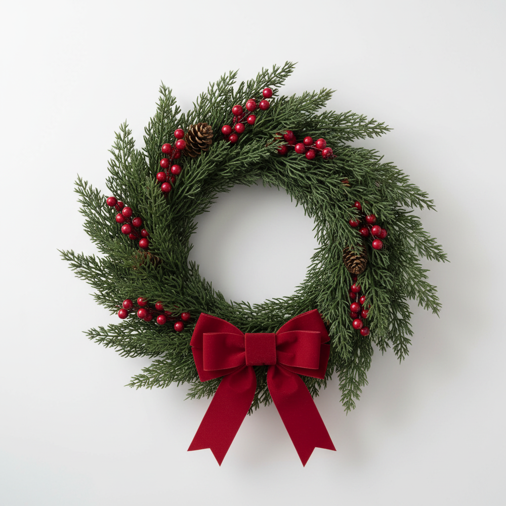 Artificial cypress branch stems styled in a festive Christmas wreath with red berries, pine cones and a red satin bow on white background