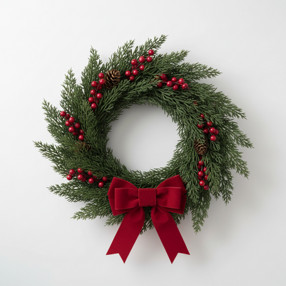 Artificial cypress branch stems styled in a festive Christmas wreath with red berries, pine cones and a red satin bow on white background