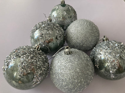 6Pck Silver Mixed Design Christmas Baubles
