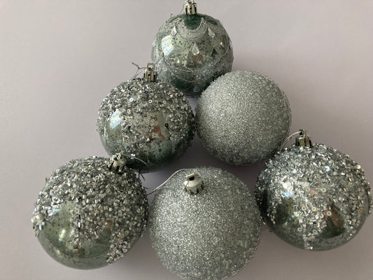 6Pck Silver Mixed Design Christmas Baubles