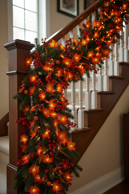 AI lifestyle image of an autumn maple leaf light up garland wound beautifully around a wooden staircase banister rail with warm amber glowing illuminated silk maple leaves in rich red and orange tones cascading down the staircase in an elegant home interior setting with natural window light