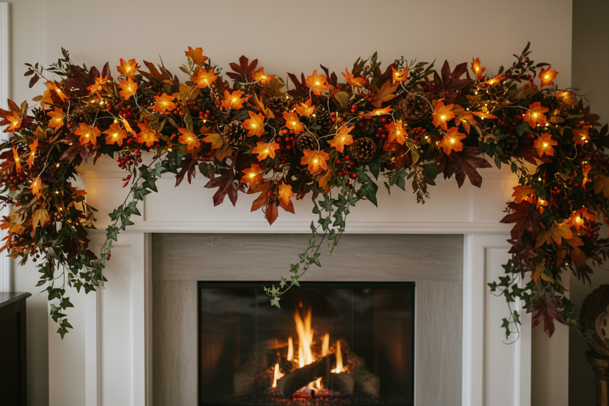 AI lifestyle image of an autumn maple leaf light up garland draped luxuriously across a white fireplace mantelpiece with warm amber glowing illuminated silk maple leaves in rich red and orange tones mixed with trailing ivy and autumn foliage above a lit fireplace in an elegant cosy home interior setting