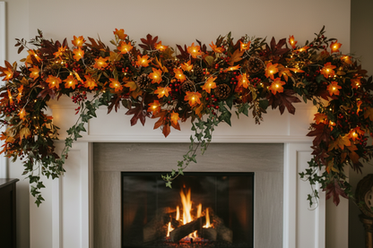 AI lifestyle image of an autumn maple leaf light up garland draped luxuriously across a white fireplace mantelpiece with warm amber glowing illuminated silk maple leaves in rich red and orange tones mixed with trailing ivy and autumn foliage above a lit fireplace in an elegant cosy home interior setting