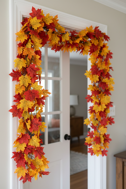 AI lifestyle image of an autumn maple leaf garland 180cm draped beautifully around a white French door frame with multiple silk maple leaves in rich red, orange and yellow tones cascading down both sides of the doorway in an elegant bright home interior setting