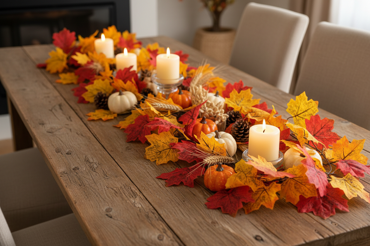 AI lifestyle image of an autumn maple leaf garland 180cm arranged beautifully along a rustic wooden dining table as a centrepiece with silk maple leaves in rich red, orange and yellow tones styled with small white pumpkins, pinecones, wheat stalks and lit white pillar candles in an elegant dining room setting